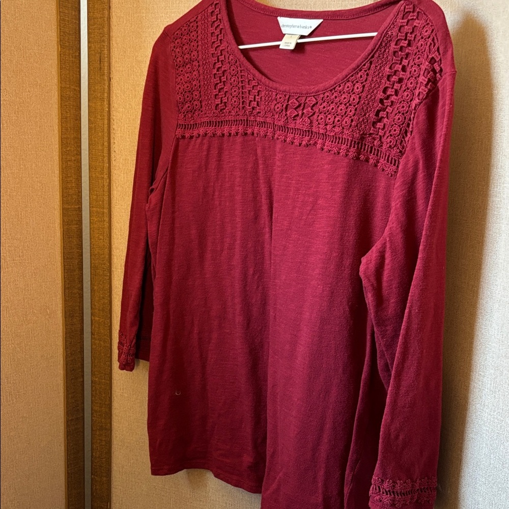 Christopher & Banks Burgundy Lace Long Sleeve Top Large